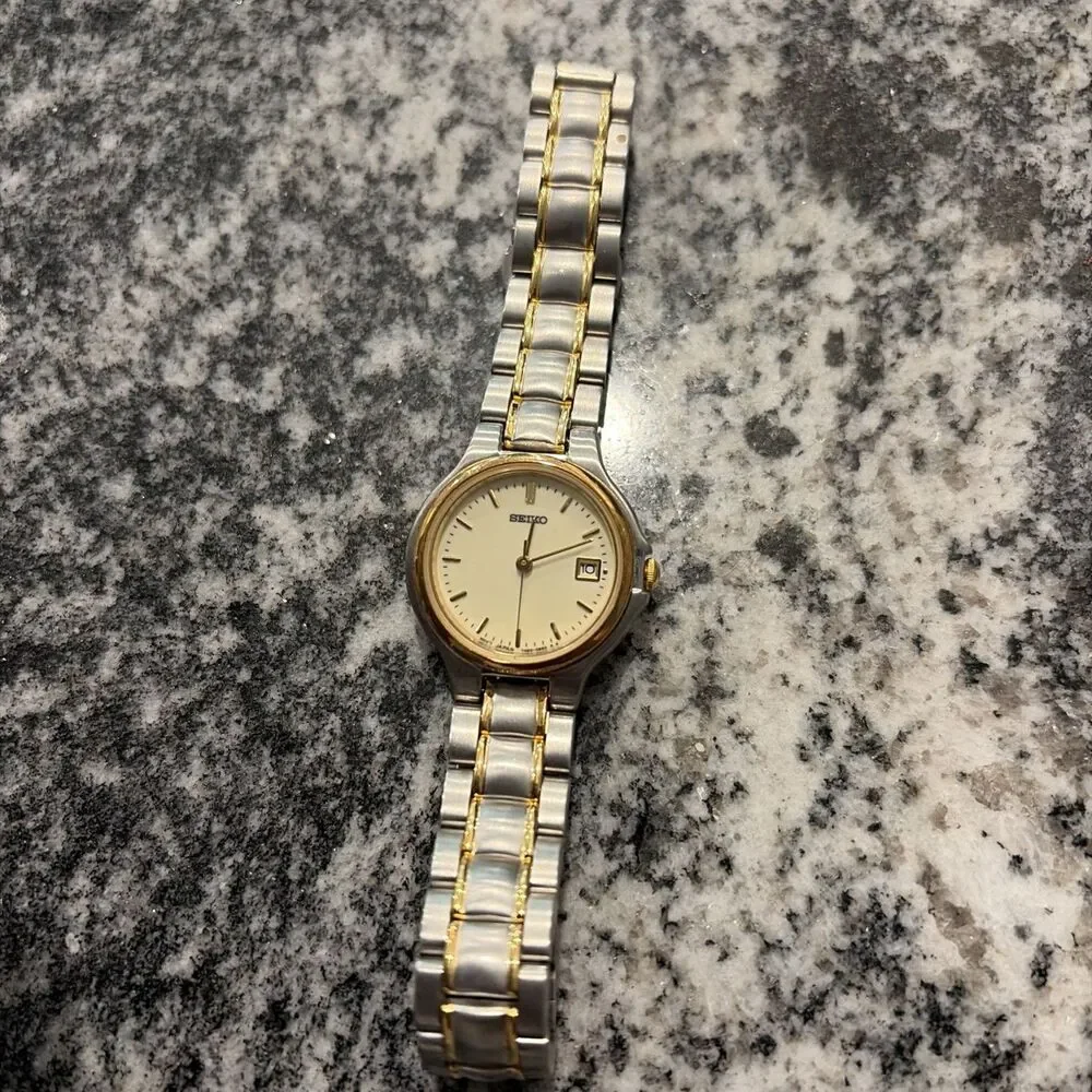 Seiko Quartz Two-Tone Stainless Steel Gold Dial WristWatch w/ Date 751445 Japan